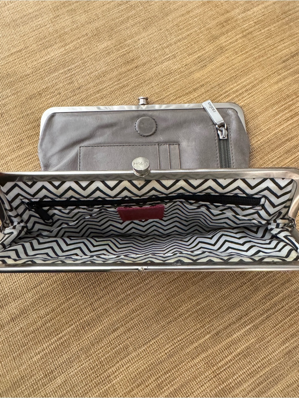 HOBO Lauren Gray Glazed Leather Double Frame Clutch - Picture 6 of 11